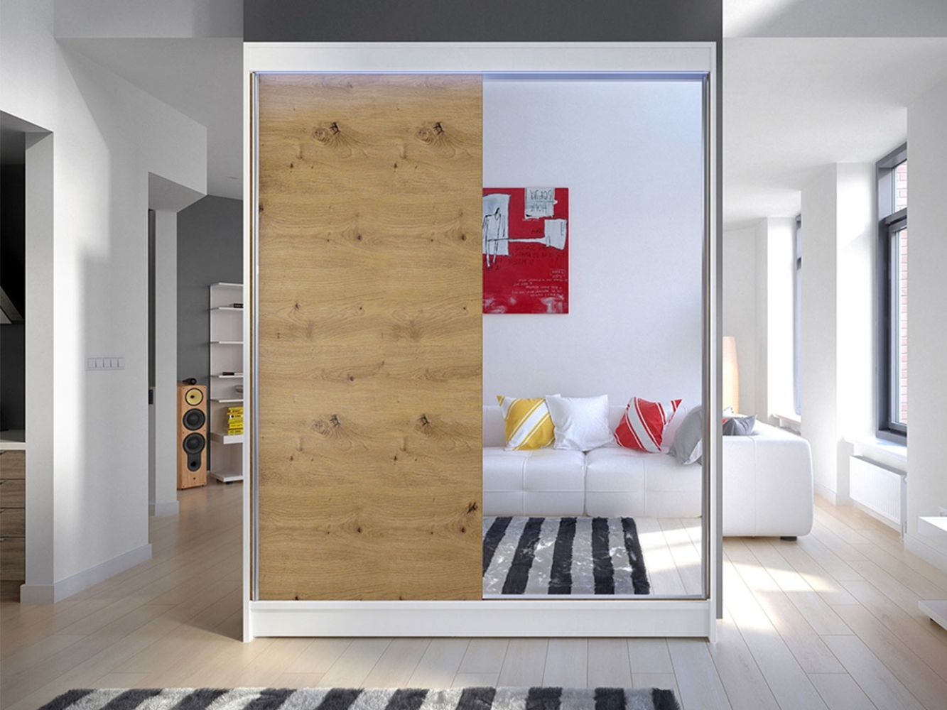 Kleiderschrank Metropolis I, mit RGB LED Beleuchtung, Farbe: Weiß / Artisan Eiche Bild 1