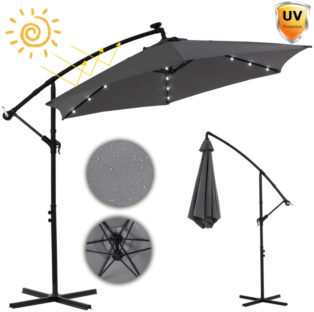 Terrassenschirm Sonnenschirm Grau Kurbelschirm 300 cm Sonnenschutz Ampelschirm LED Gartenschirm Marktschirm Strandschirm 3 m Meter Aufklappbar Garten Bild 1