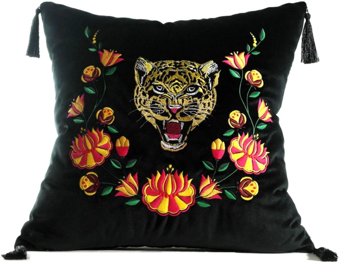 Casa Padrino Luxus Deko Kissen mit Troddeln Tiger Schwarz / Mehrfarbig 45 x 45 cm - Feinster Samtstoff - Luxus Qualität Bild 1