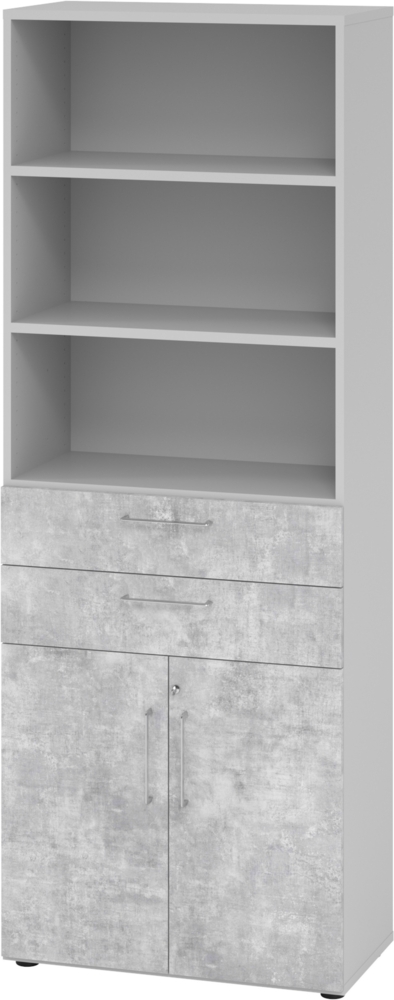 bümö Aktenregal & Schrank abschließbar, Büroschrank Regal & Schubladen Kombination Holz 80cm breit in Grau/Beton - Schrank für's Büro & Arbeitszimmer, Büro Möbel Ordnerschrank, 968K2-5-M-BS Bild 1