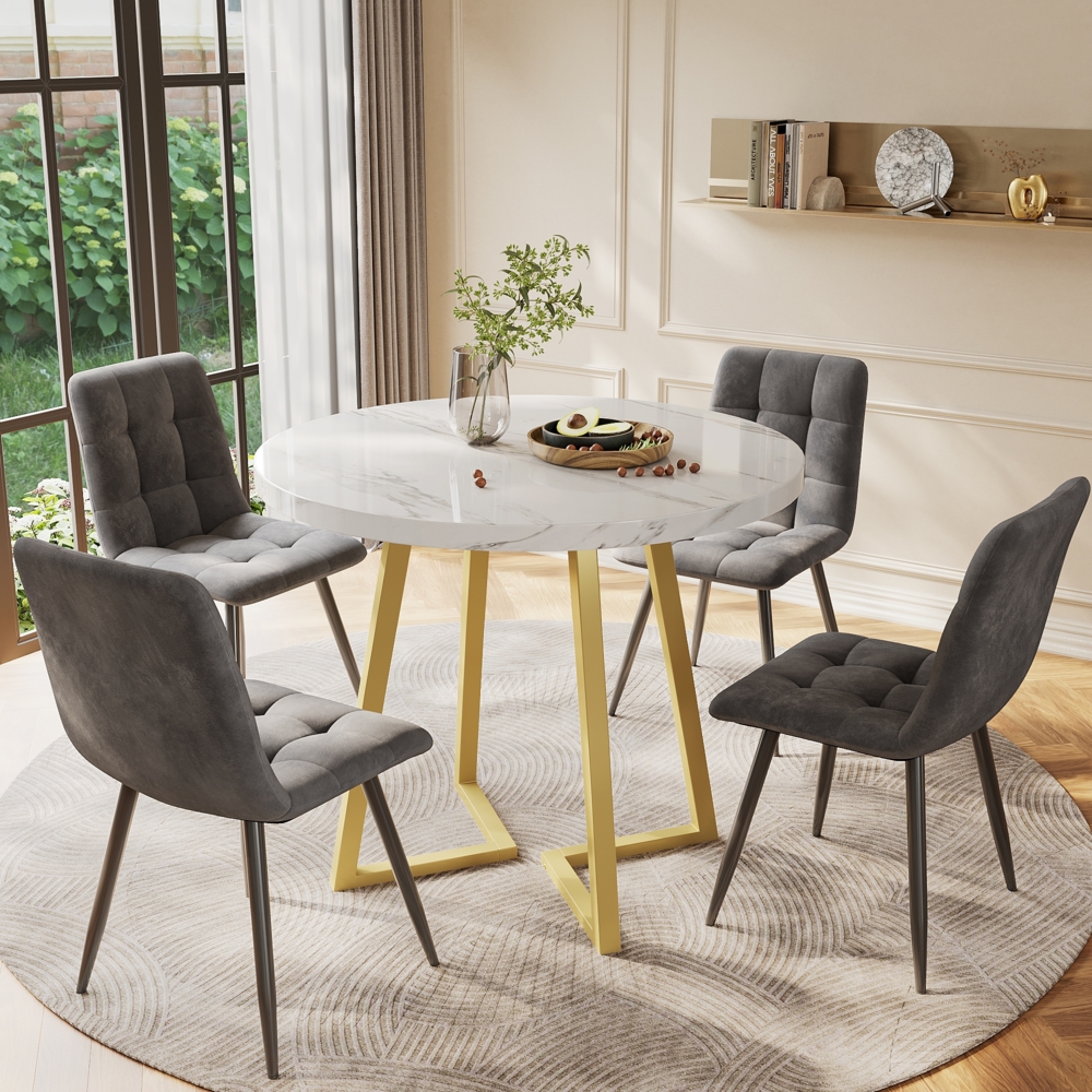 Merax Esstisch-Set (5-teilig), Esstisch-Set mit 4 Stühlen, modernes Küchentisch-Set, runder Küchentisch mit 80 cm Durchmesser und goldenen Metallbeinen, weiße MDF-Tischplatte, dunkelgraue Samt-Esszimmerstüh Bild 1