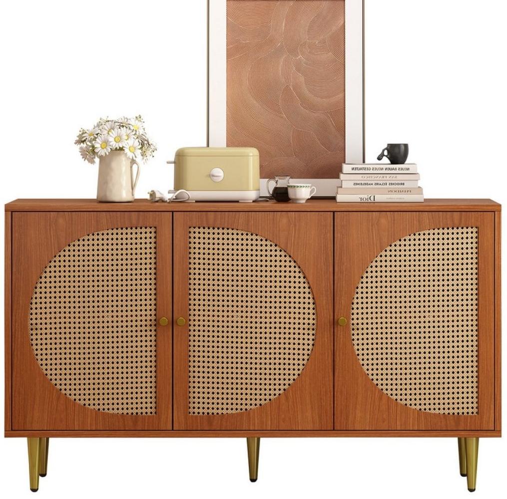 REDOM Sideboard Kommode (mit 3 Rattan verzierten Türen Kommode Highboard mit Metallgriffe), Nussbaum 129.8x 40x 76cm Bild 1