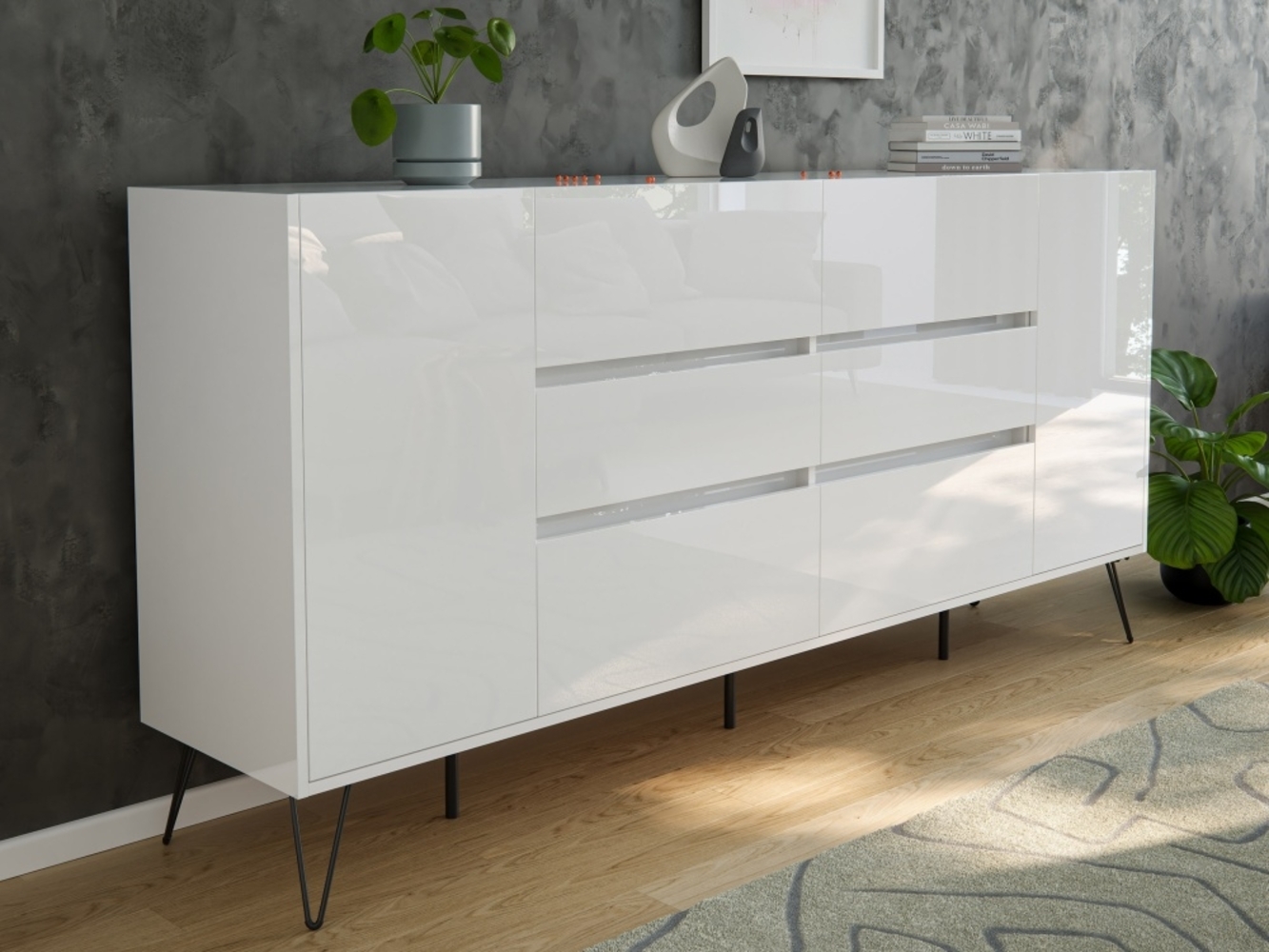 Sideboard Yako XL 200cm 6 SoftClose 2 Türen Weiß hochglanz : Weiss hochglanz Bild 1
