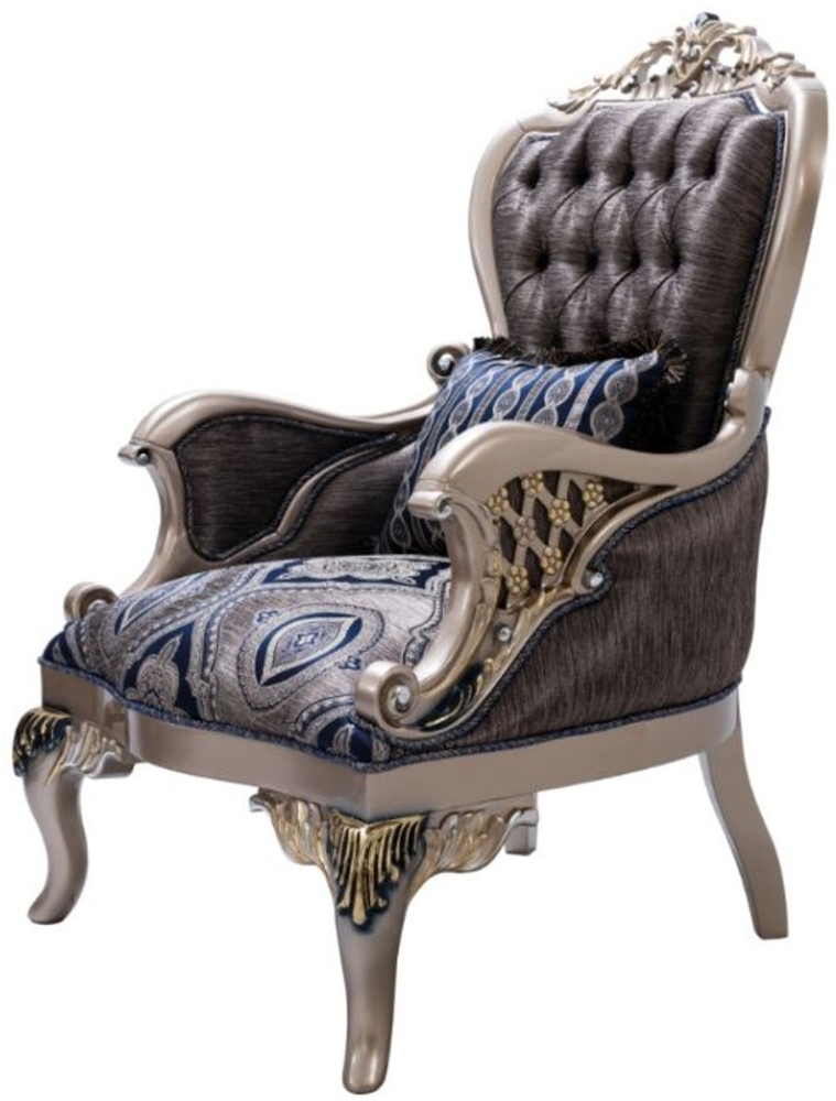 Casa Padrino Luxus Barock Sessel mit dekorativem Kissen Blau / Silber / Gold 81 x 85 x H. 119 cm - Barock Wohnzimmer Sessel - Barock Möbel Bild 1