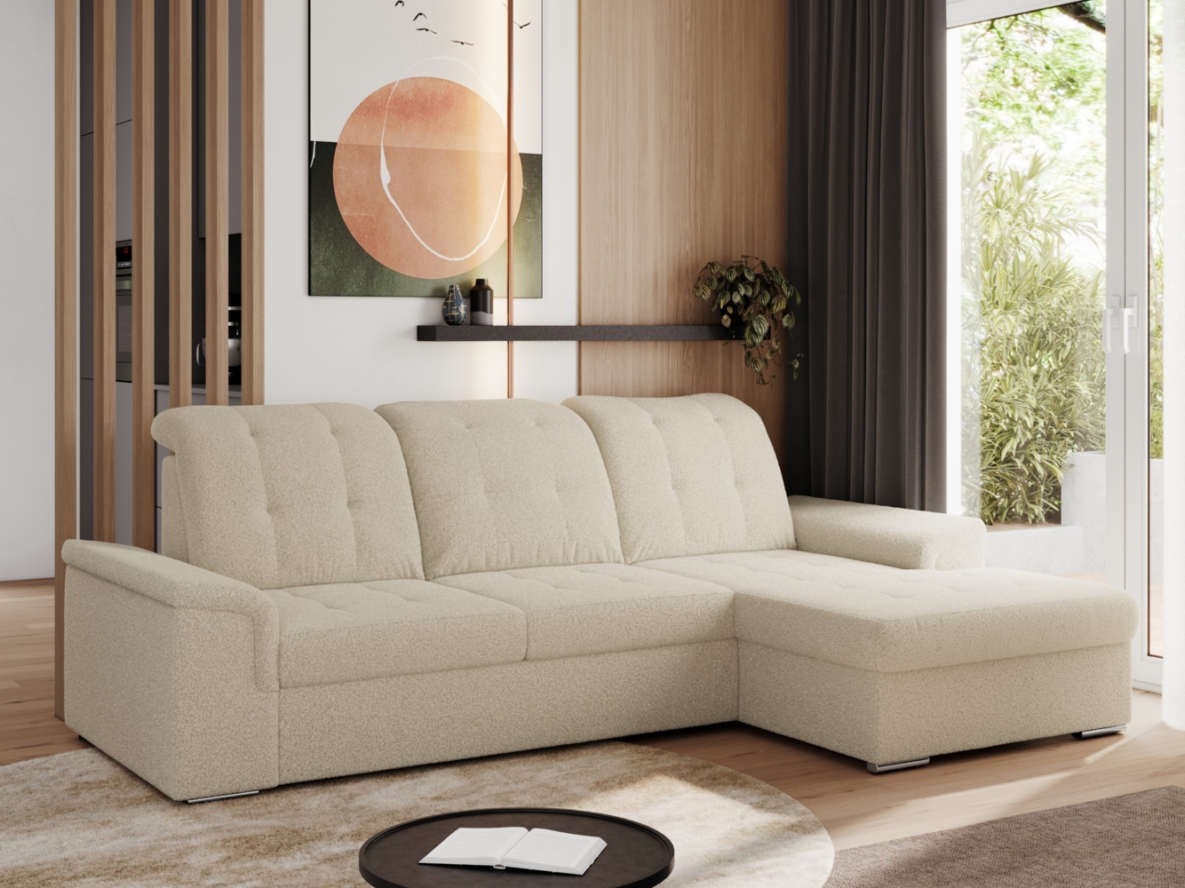 L-förmige Ecksofa mit gesteppter Sitzfläche und Rückenlehne, verstellbare Rückenkissen, Schlaffunktion und Bettkasten - MADRITO - Beige Boucle - rechte Seite Bild 1