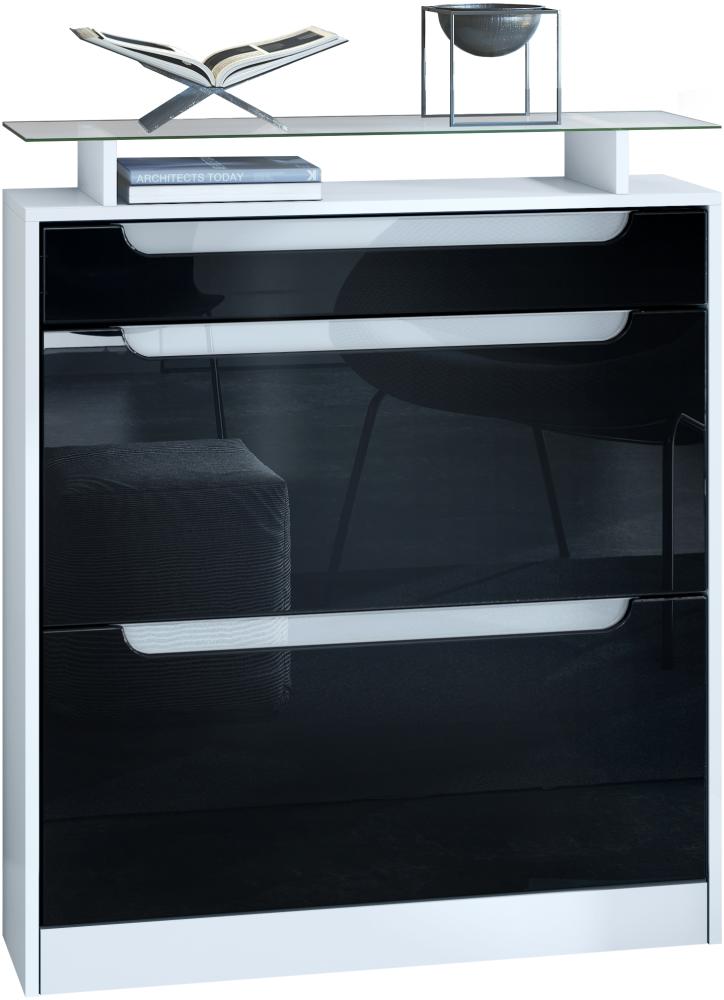 Vladon Schuhschrank Fiesta, Weiß matt/Schwarz Hochglanz/Weiß Hochglanz Schuhkipper für 16 Paar Schuhe mit 2 Klappen (89 x 104 x 23 cm) Bild 1