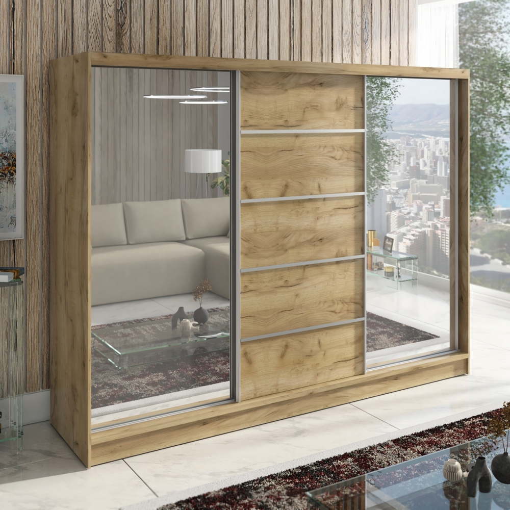 A&J MöbelLand Schwebetürenschrank TOP, 3-türig Schrank 200 cm mit Schubladen und Spiegel Bild 1