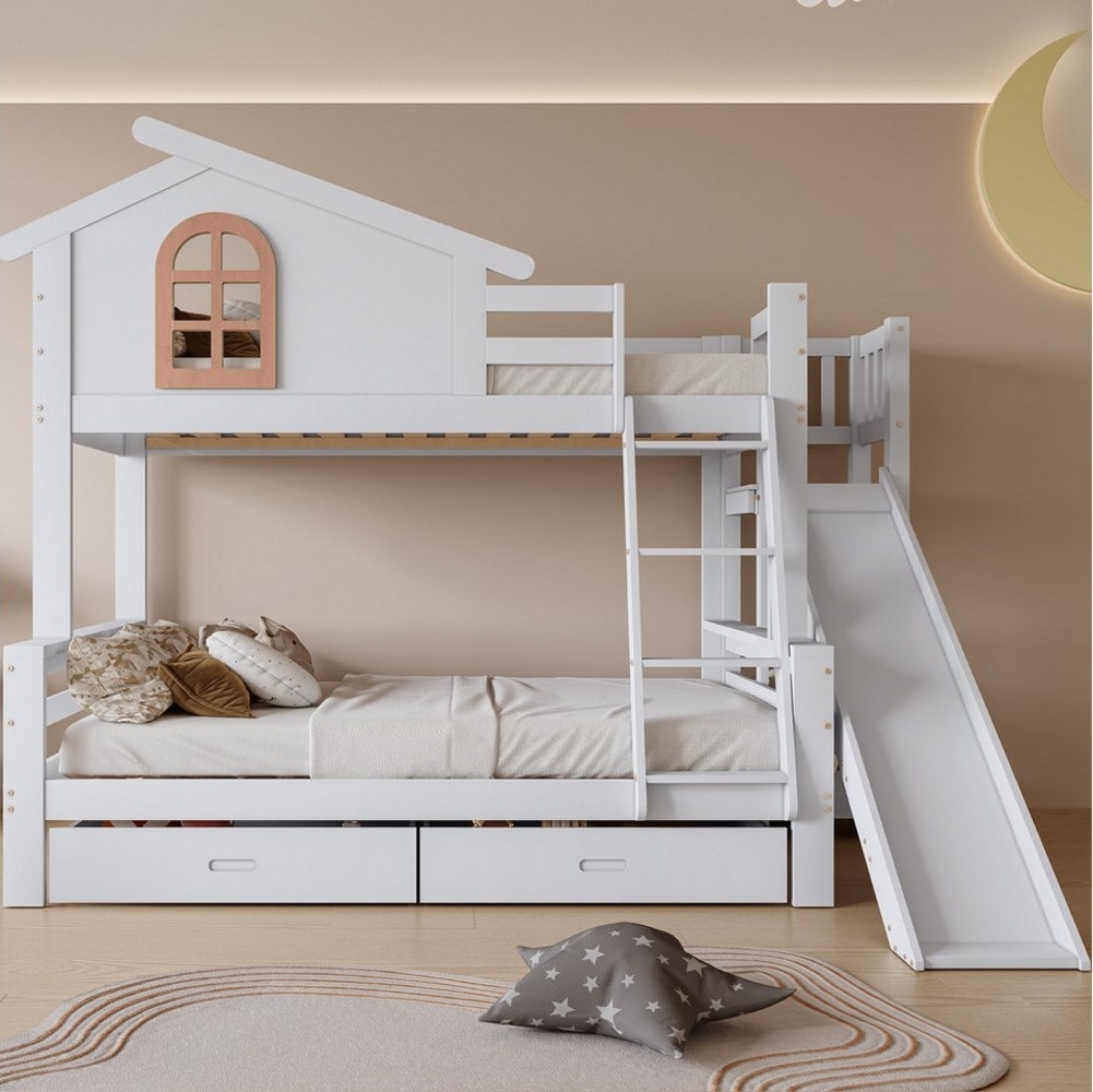 XDeer Etagenbett Kinder und Mutterbett 90x200 & 120x200cm mit Kipptreppe, mit Rutsche, zwei Schubladen, Bettrahmen aus Massivholz Bild 1