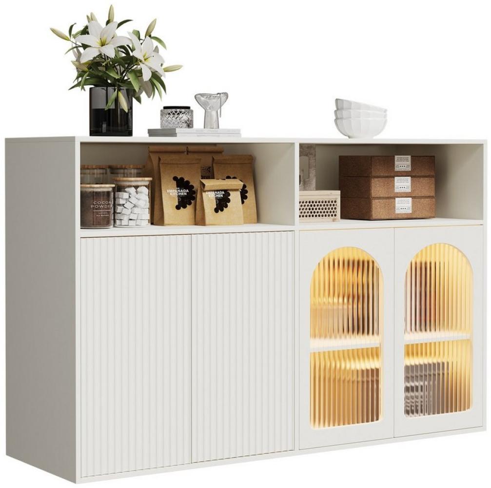 HAUSS SPLOE Sideboard mit Glastür, LED-Licht Holzschrank für Küche Wohnzimmer weiß (Kommode, freistehender Holzschrank, 1 St, 4 Türen und 2 offene Fächer), mit LED-Licht, 140×35×90cm Bild 1