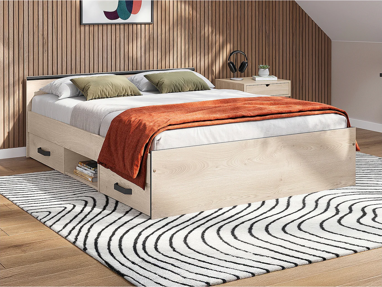 Vente-unique - Bett mit Stauraum 140 x 190 cm - 2 Schubladen und 1 Ablagefach - Holzfarben + Lattenrost + Matratze - PABLO Bild 1