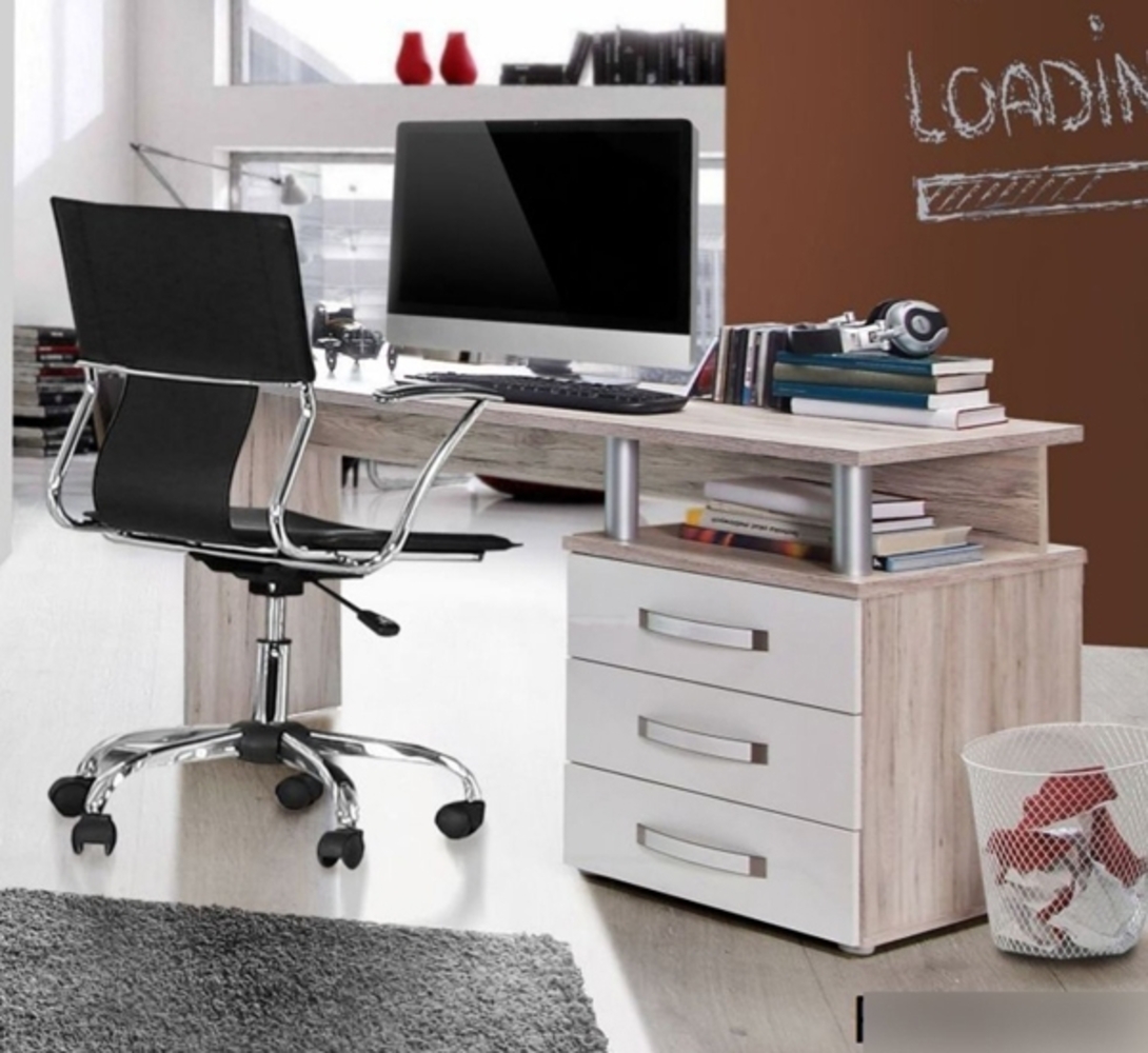 Schreibtisch PC-Tisch Bürotisch sandeiche / weiß Hochglanz 138cm Bild 1