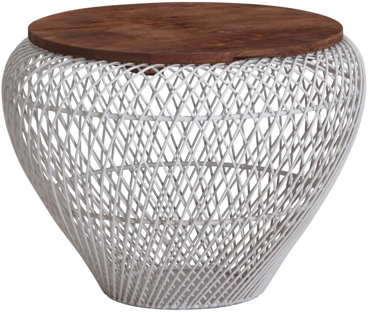 Couchtisch Mango Massivholz Metall 60 x 60 x 45 cm Weiß Rund mit Stauraum Bild 1