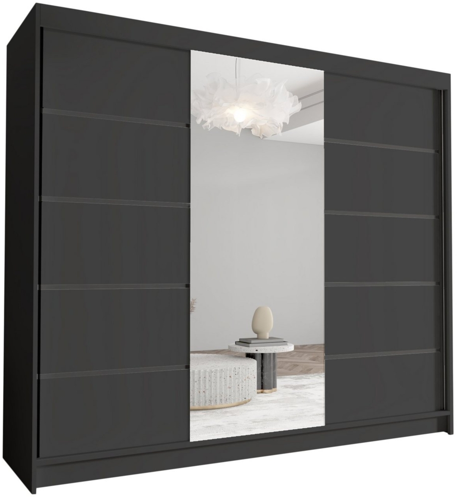 Schwebetürenschrank Netro VI 250 cm mit Spiegel - Groß Kleiderschrank, Schiebetürenschrank mit Kleiderstange und Einlegeboden, Schlafzimmerschrank, Schiebetüren, 250x215x58 cm (Schwarz) Bild 1