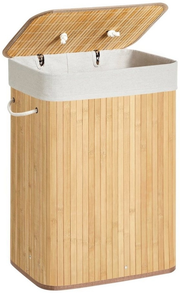 SONGMICS Wäschekorb mit Deckel, 72 Liter, Wäschesammler aus Bambus, faltbar, Wäschesack herausnehmbar und maschinenwaschbar, mit Griffen, für Waschküche, Schlafzimmer, grau Bild 1