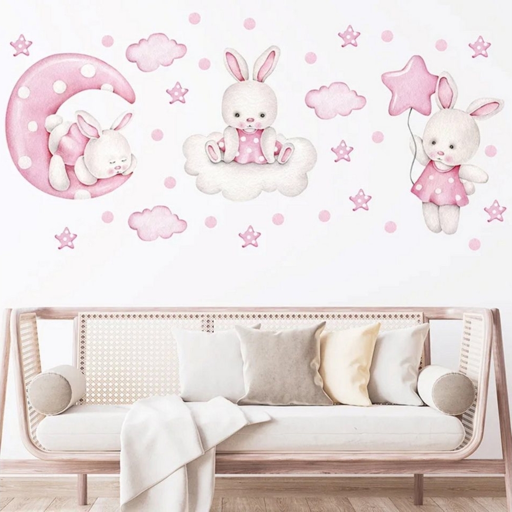 Montegoni Wandsticker Wandtattoo Kinder Tier Wandsticker (Kaninchen Tanz Ballon, Wolken, Sterne, Wandaufkleber für Mädchenzimmer,babyzimmer), wasserdichte und abnehmbare Bild 1