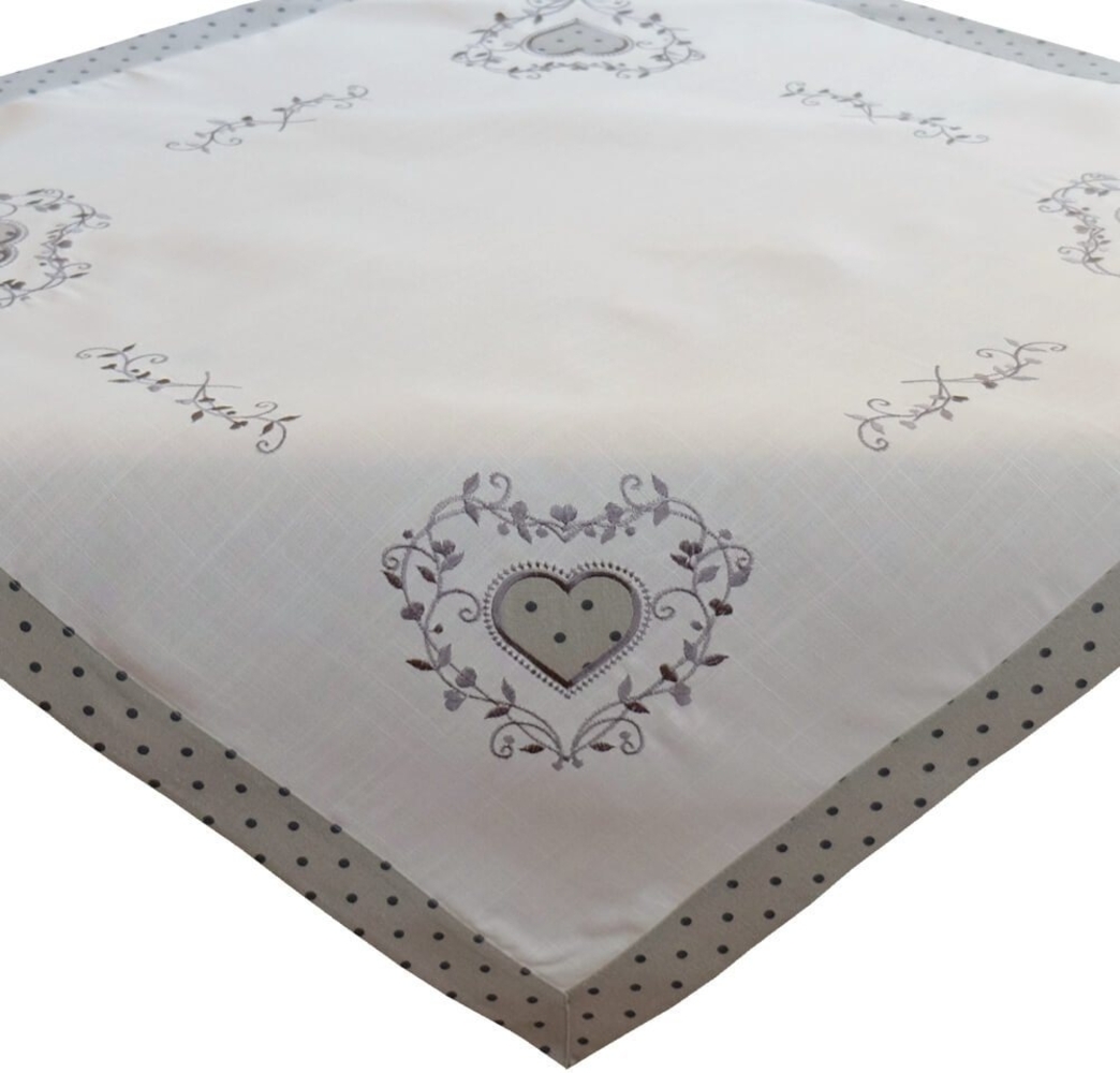matches21 HOME & HOBBY Tischdecke Tischdecke ELINA Herzstickerei cremeweiß grau Polyester 85 x 85 cm (1-tlg), Pflegeleicht & waschbar bei 30 °C Bild 1