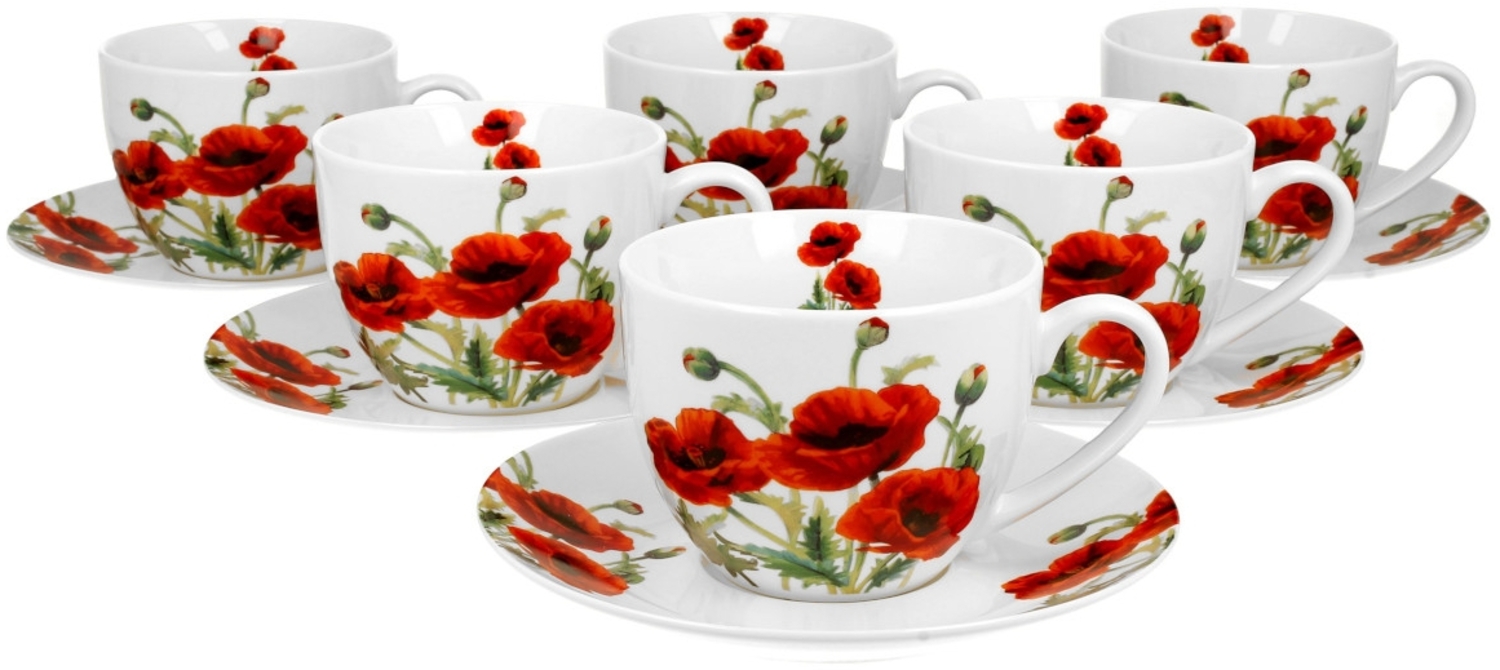 DUO FLORAL 6er-Set Tassen 220 ml CLASSIC POPPIES mit Untertassen, New Bone China Porzellan Bild 1