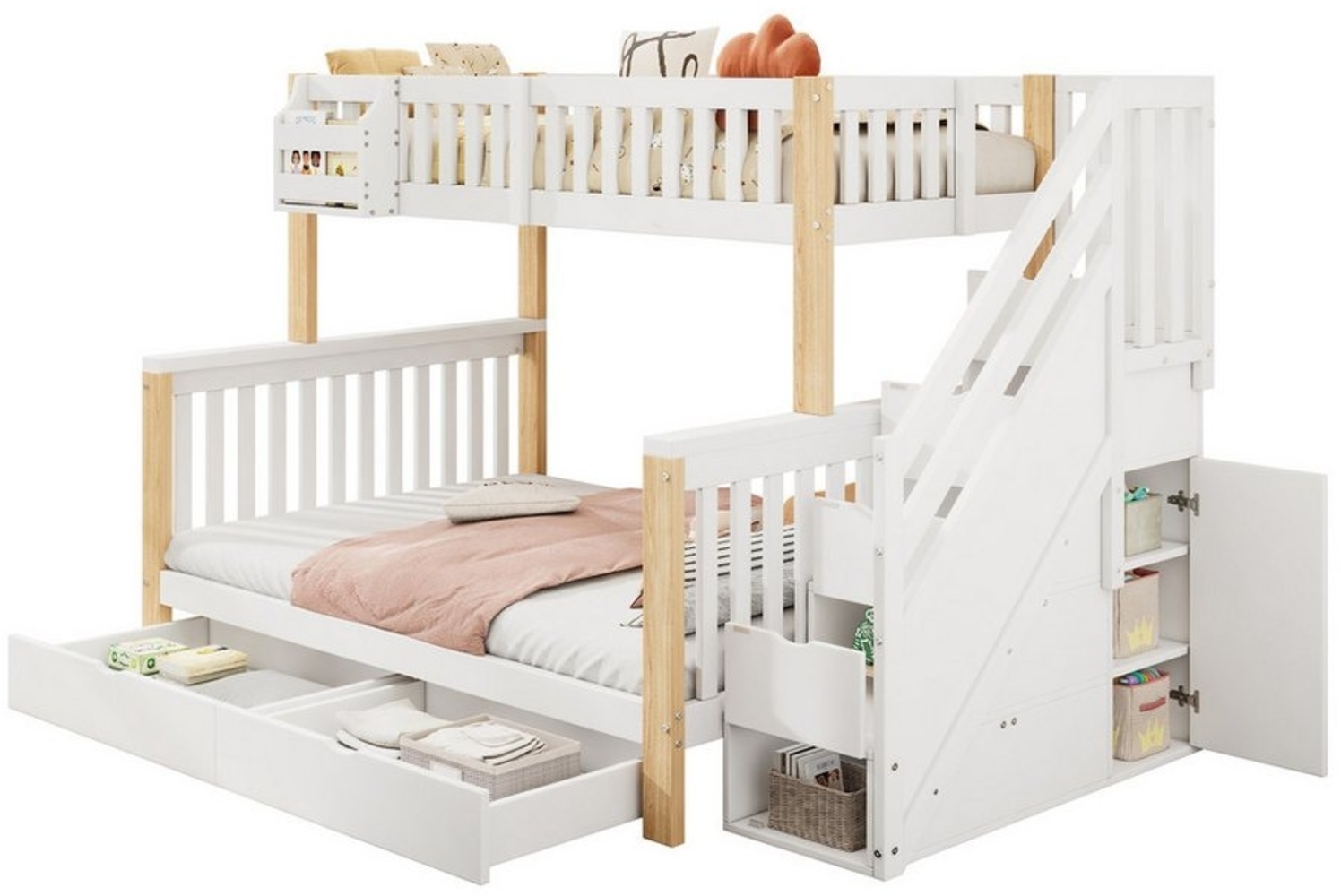 PHOEBE CAT Etagenbett Kinderbett 90x200cm + 140x200cm, mit Ablagekorb, Schubladen, Stauraumtreppe, Ablageschrank & Lattenrost Bild 1