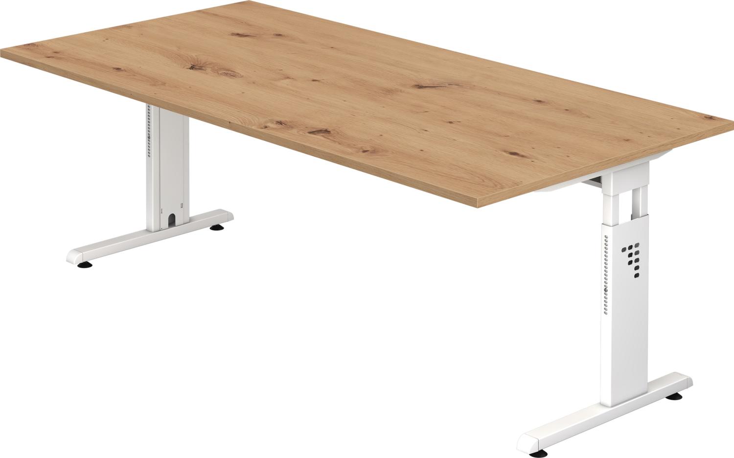 bümö® Schreibtisch O-Serie höhenverstellbar, Tischplatte 200 x 100 cm in Asteiche, Gestell in weiß Bild 1