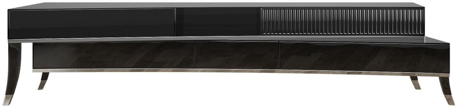 Casa Padrino Luxus Art Deco TV Schrank Schwarz / Silber 250 x 50 x H. 57 cm - Edler Fernsehschrank mit Schubladen - Art Deco Wohnzimmer Möbel Bild 1