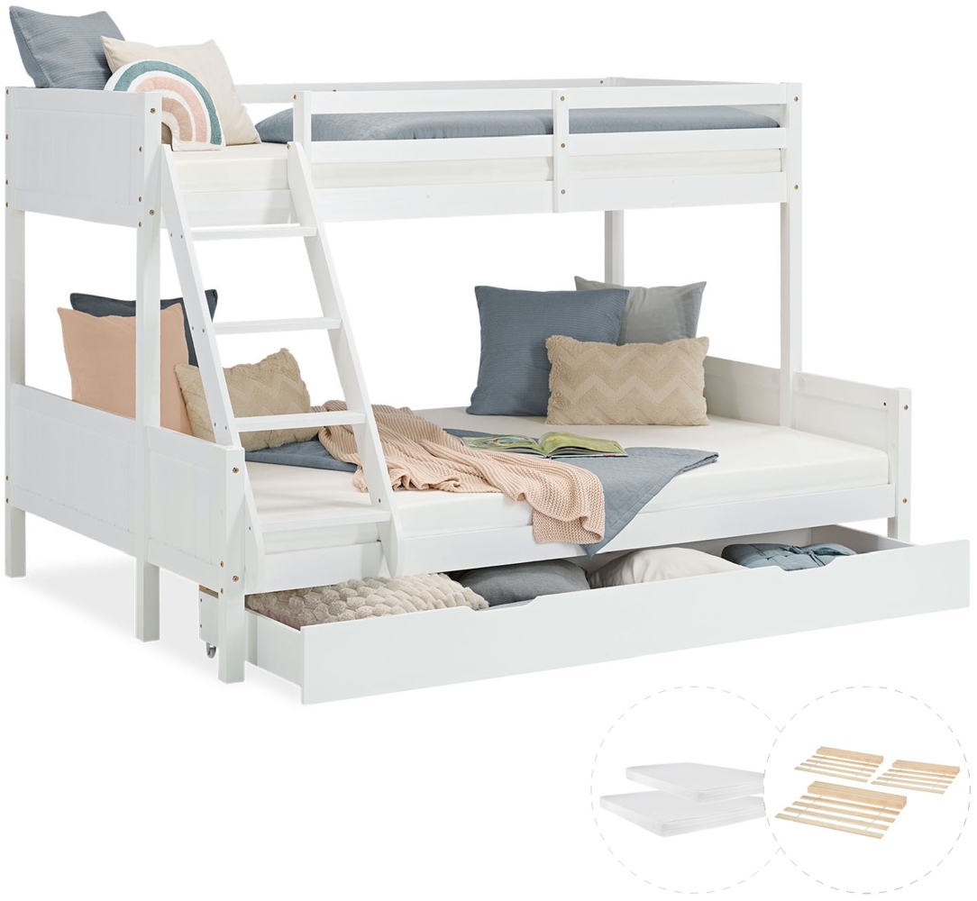Kinderbett mit 2 Matratzen Etagenbett 90x200 und 140x200 Weiß Holz Doppelstockbett Jugendbett Hochbett Stockbett Bettkasten Bild 1