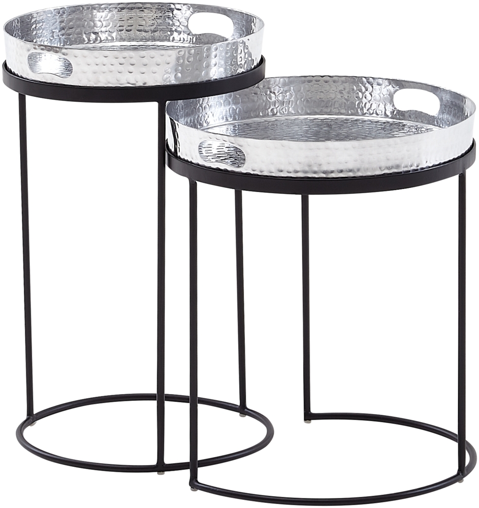 Beistelltisch 2er Set Silber / Schwarz Metall Hammerschlag Satztisch Rund, Couchtisch abnehmbares Tablett, Tabletttisch Sofa 2 teilig Modern, Runder Sofatisch Bild 1