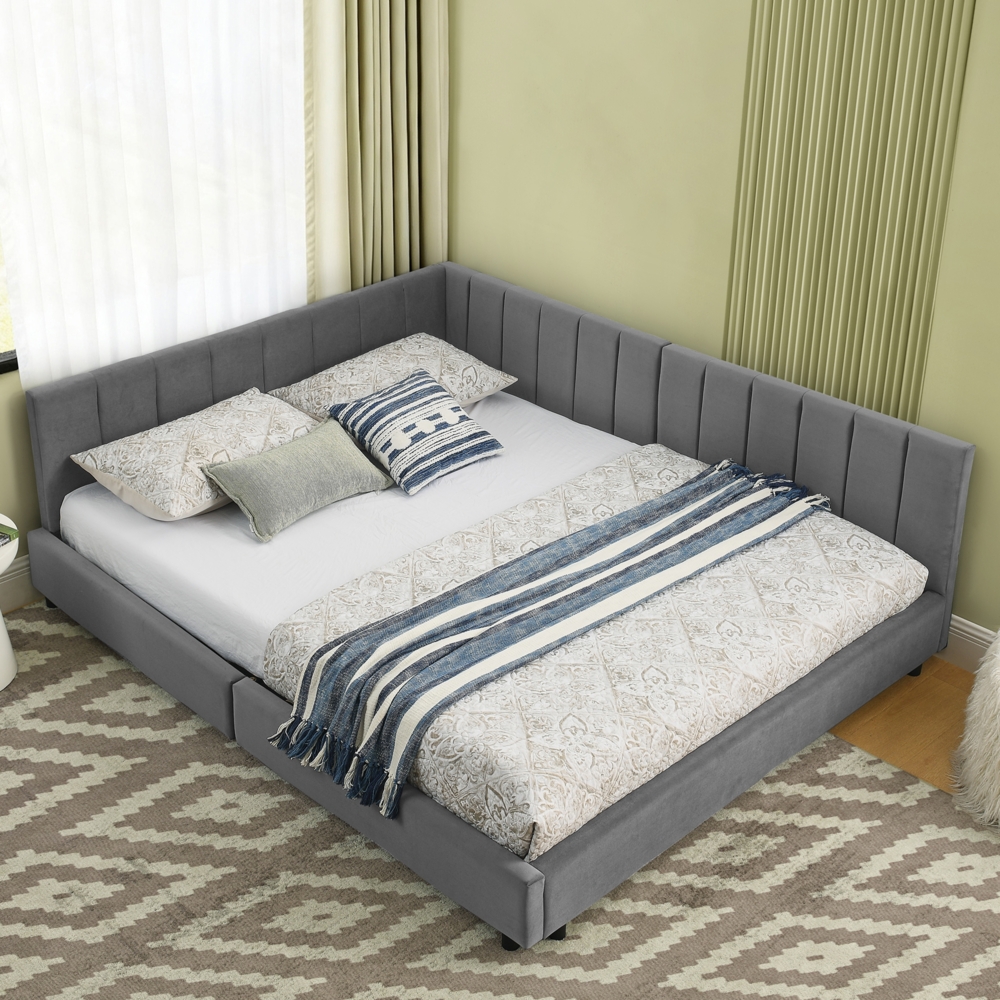 Doppelbett 140x200 cm mit hoher Rückenlehne – Samt-Oberfläche in Dunkelgrau Bild 1