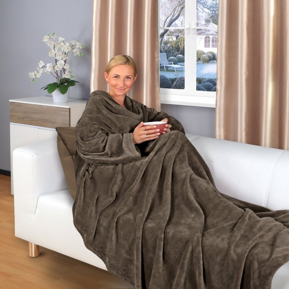 Wohndecke flauschige, tragbare Kuscheldecke mit Ärmeln und Fußtasche, Gräfenstayn, warme Ärmeldecke - TV Decke zum Anziehen - 180x150 cm dunkelbraun Bild 1