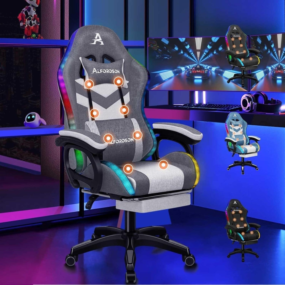 Gaming Stuhl LED 8-Punkt-Massage RGB Beleuchtung Lordosenstütze Kopfstütze Grau Bild 1