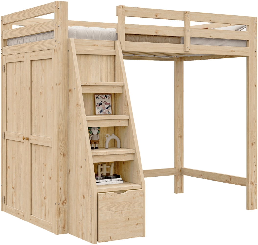 Merax Hochbett 90*200 cm, Mit Stauraum-Sicherheits-Kletterleiter, Mit Stauraum-Kleiderschrank, Einzelbett Jugendbett Kinderbett, Massivholzrahmen, Holzfarbe Bild 1