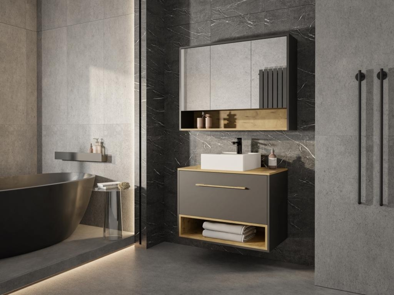 Vente-unique - Waschbeckenunterschrank hängend mit Einzelwaschbecken & Spiegelschrank - 80 cm - Anthrazit - YANGRA Bild 1