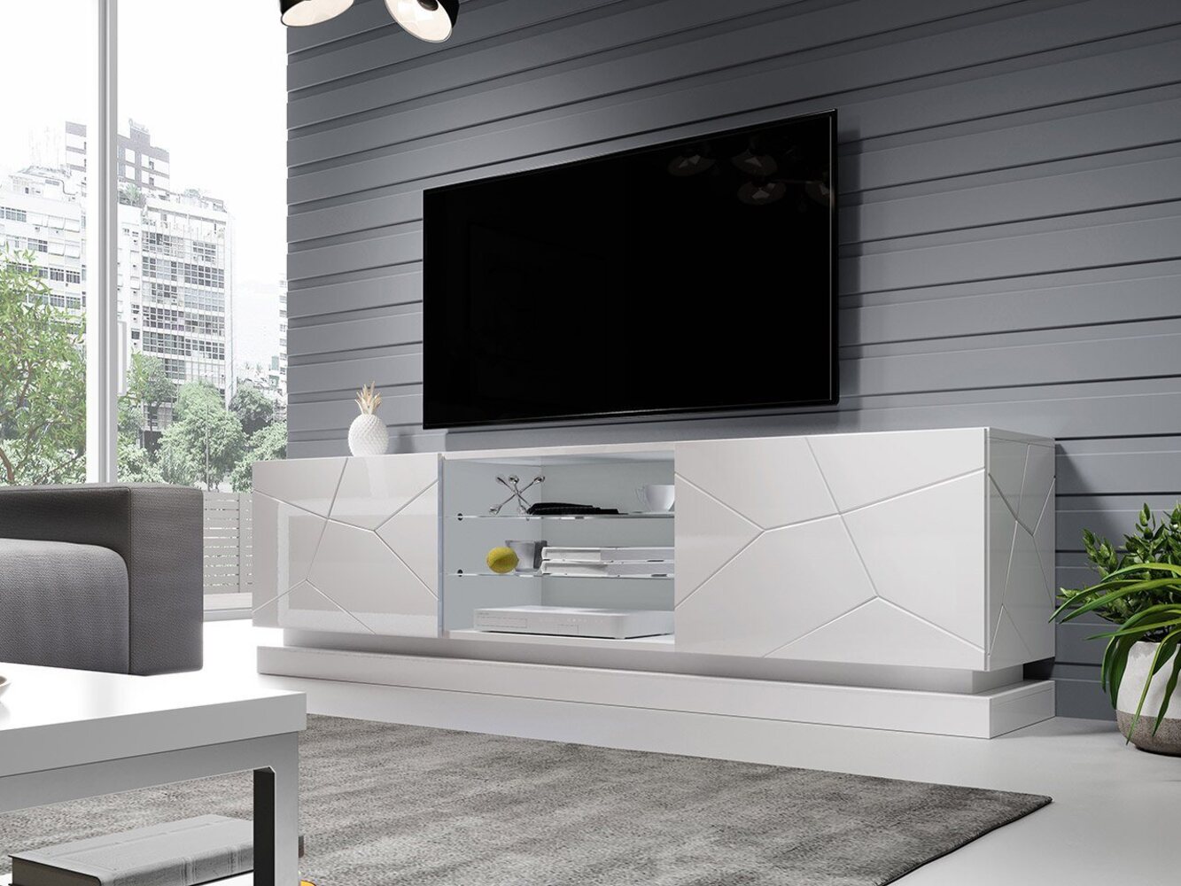 'Qiu' TV-Lowboard, MDF weiß Hochglanz, 57 x 200 x 40 cm Bild 1