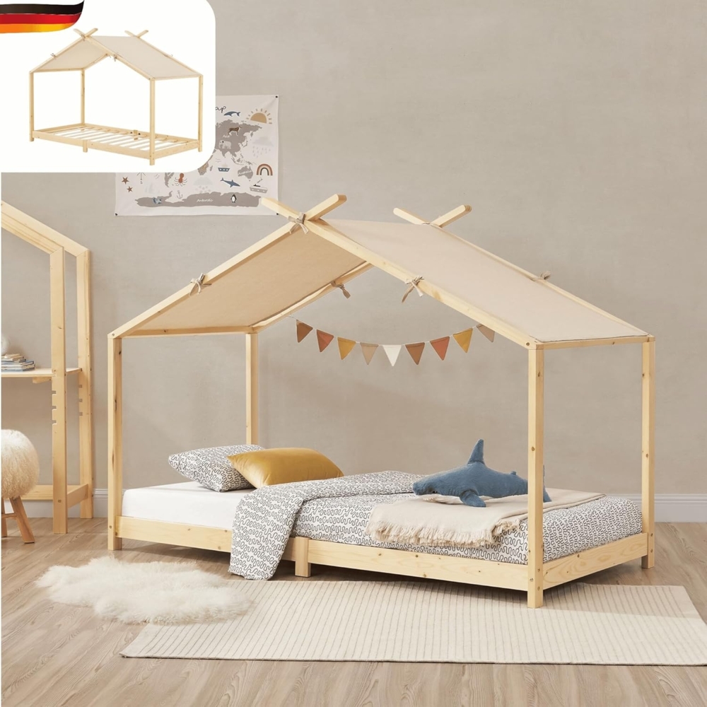 DELUKE® Kinderbett 90x200 KALI - mit Lattenrost Haus-Optik mit DachEinzelbett aus Holz Hausbett Kinderzimmer Montessori Bett Braun Bild 1