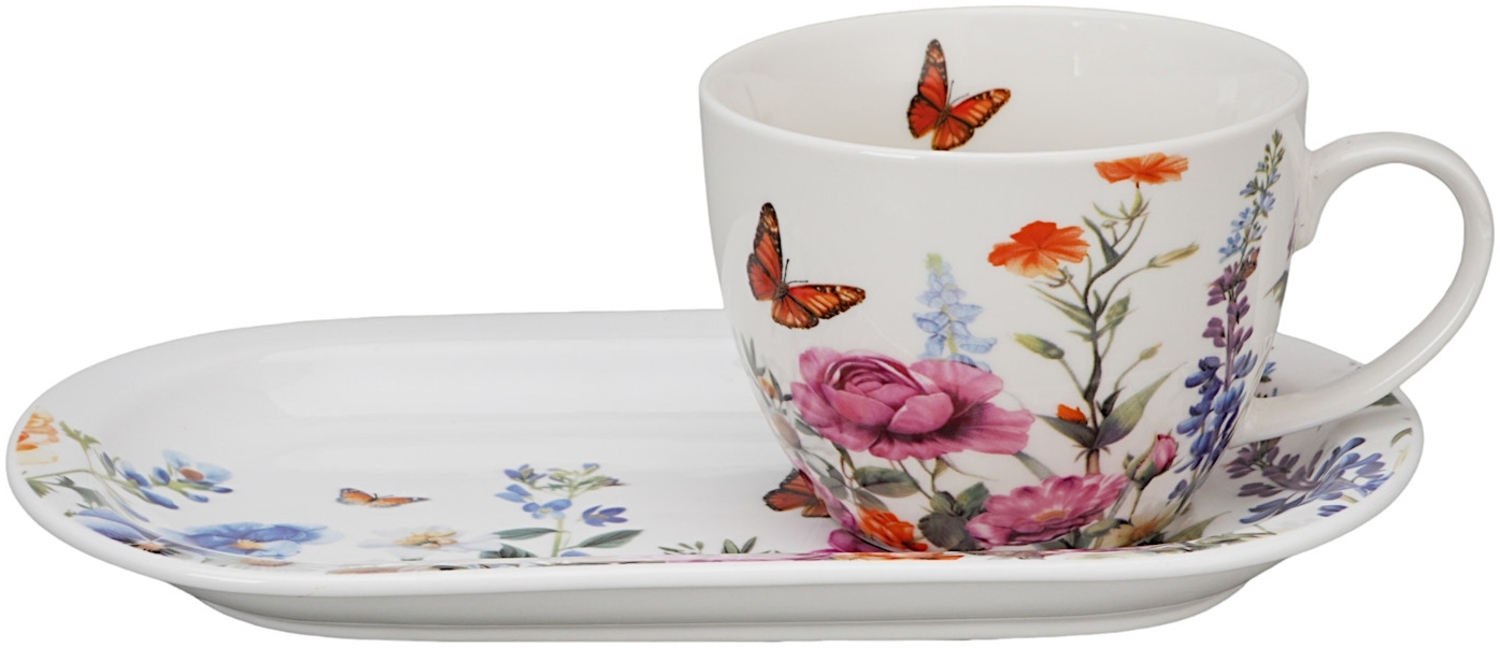 DUO Flowers Classic SUMMER Frühstücks-Set Tasse 450 ml mit langem Unterteller, New Bone China Porzellan Bild 1