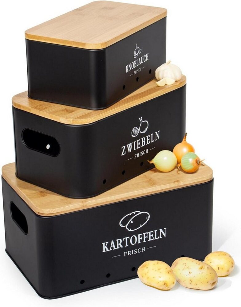 Zedelmaier Vorratsdose Vorratsdosen für Kartoffeln,Zwiebeln,Knoblauch, Rechteck, (Set, Set of 3, ZDT04&5), 360° Luftzirkulation, mit Bambusdeckel, Hält das Gemüse frisch Bild 1