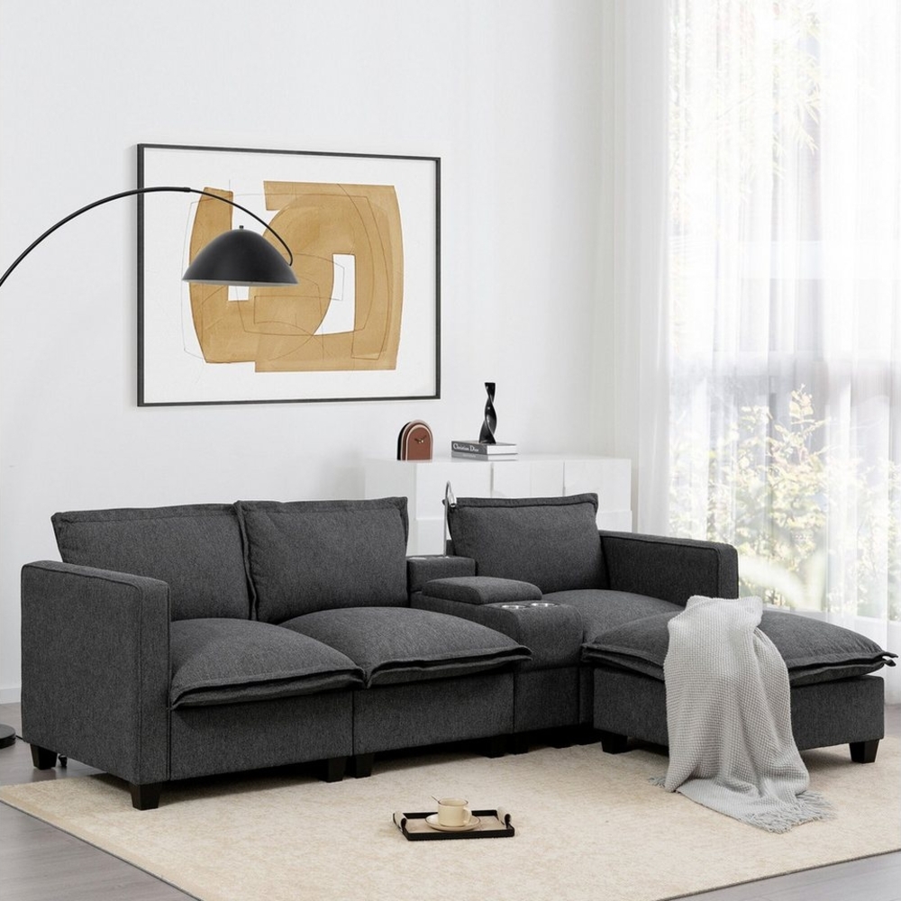MODFU Sofa 3-Sitzer-Sofa mit Stauraum, USB-Ladeanschluss, Multifunktionales 3-Sitzer-Sofa mit USB-Ladeanschluss, Leselampe, Stauraum & Getränkehalter – Flexibler Hocker, ideal für Wohnzimmer und Apartments, bis 150 kg pro Sitzplatz, mit beweglichem Hoc... Bild 1