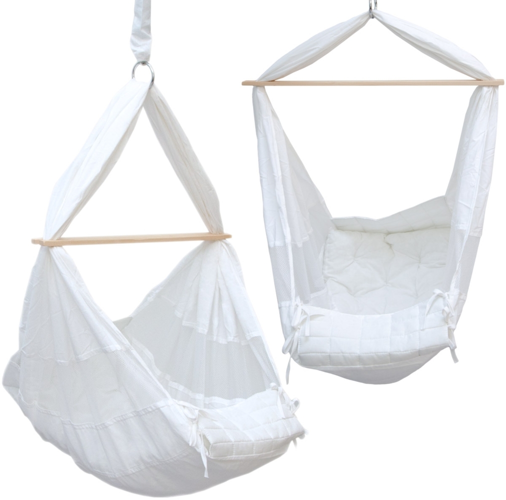 Babyhängematte Baby-Feder-Wiege mit Spreizstab | 100% Baumwolle Naturstoff | Kinderhängematte Hängewiege | Babyschaukel in Weiß | Balstbarkeit max. 15KG Bild 1