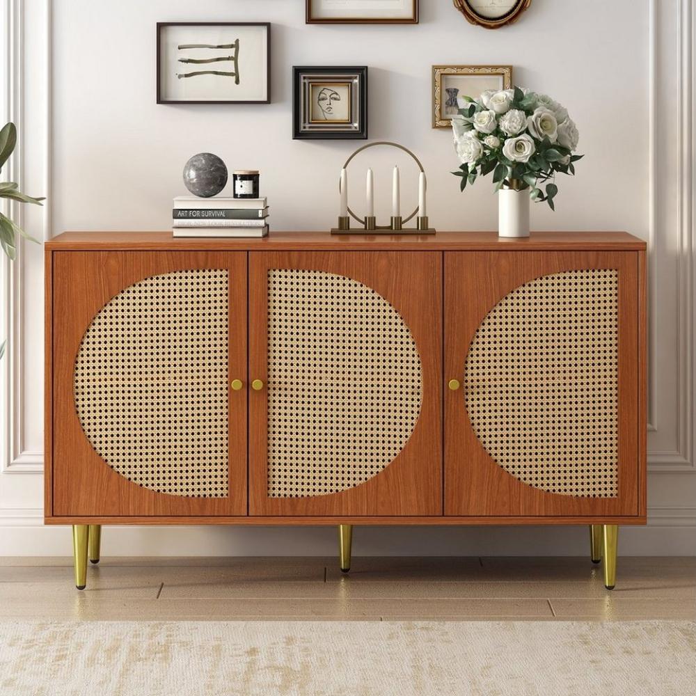 Merax Sideboard im Vintage-Stil mit 6 Fächern, Kommode mit 3 Rattan-Türen und Metallbeine,Breite 130cm Bild 1