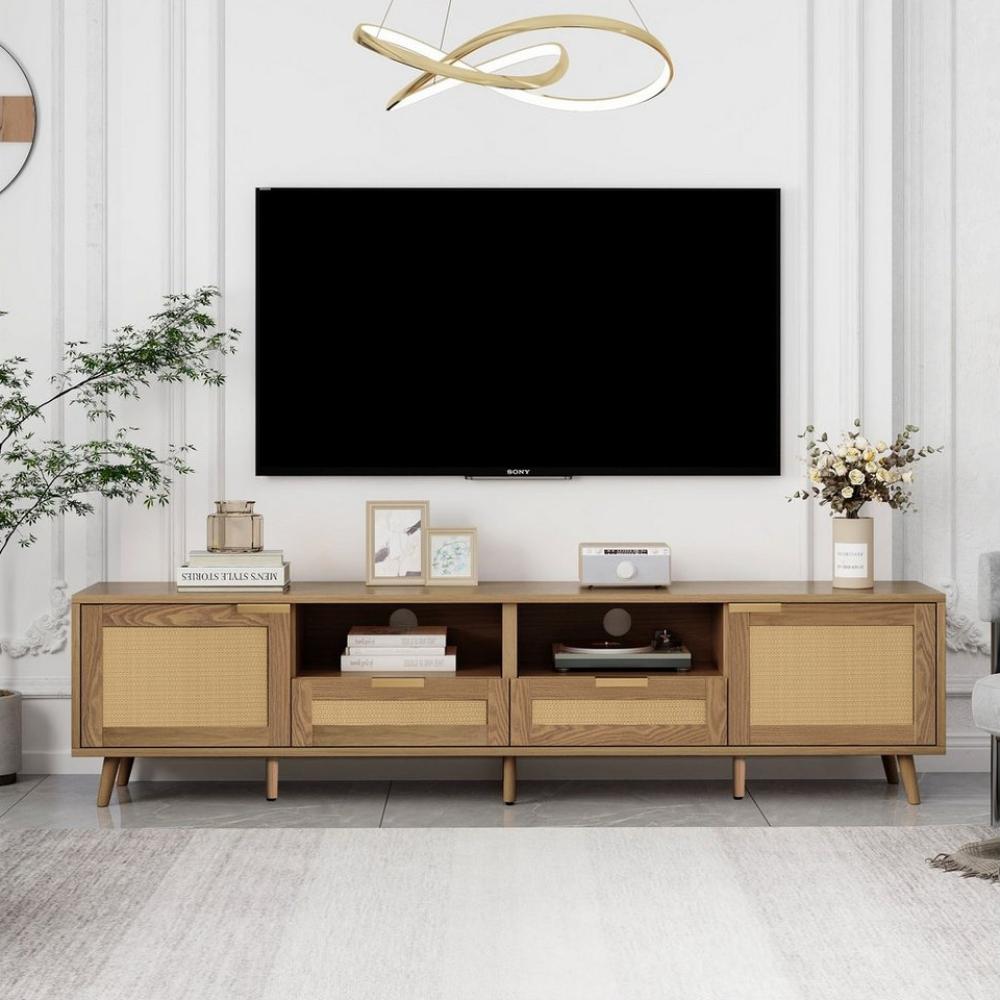 Merax Lowboard Holz mit 2 Schubladen und 2 Türen, Fernsehtisch mit Rattangeflecht Design,TV-Board Bild 1