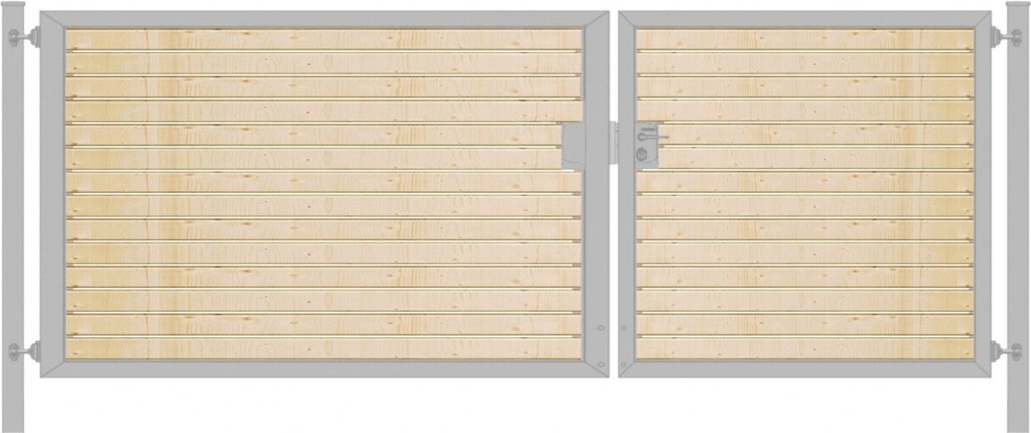 Elektrisches Einfahrtstor Premium-Line (2-flügelig) mit Holzfüllung waagerecht asymmetrisch verzinkt B: 450 cm H: 100 cm Bild 1