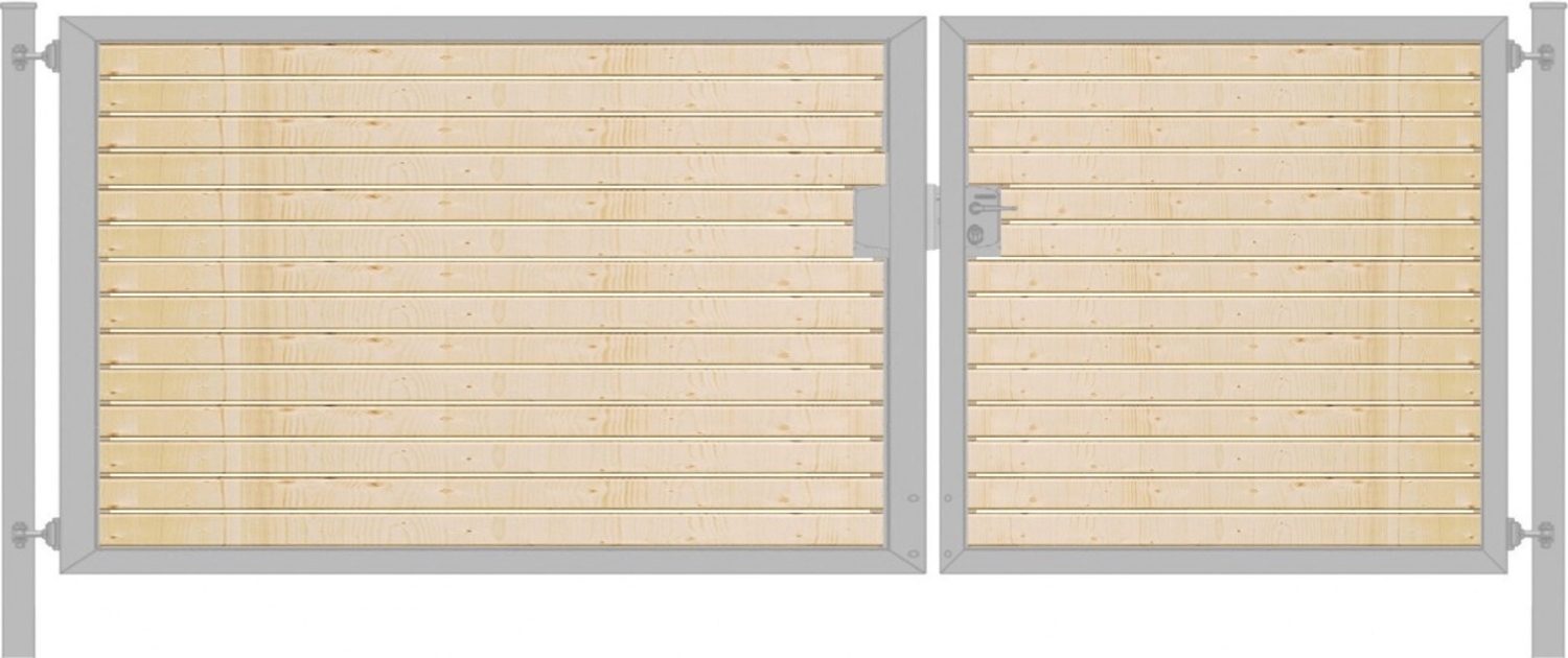 Elektrisches Einfahrtstor Premium-Line (2-flügelig) mit Holzfüllung waagerecht asymmetrisch verzinkt B: 450 cm H: 100 cm Bild 1