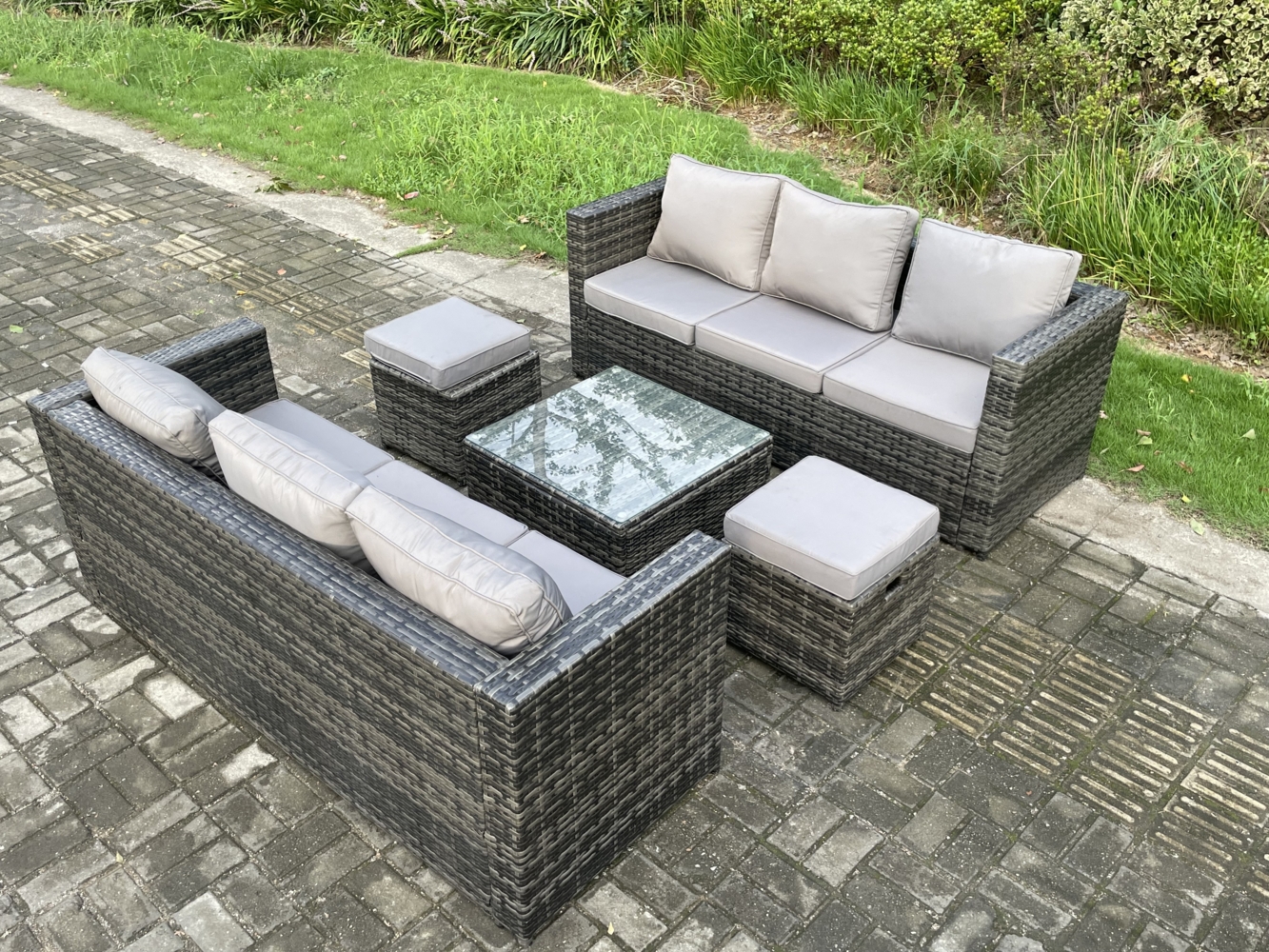 Fimous Rattan Gartenmöbel Set 8-Sitzer Patio Lounge Sofa Set im Freien mit quadratischem Couchtisch 2 Kleine Fußhocker Dunkelgrau Gemischt Bild 1