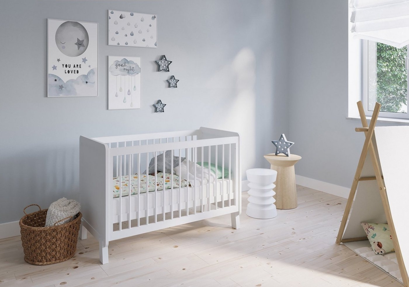FabiMax Babybett Nachteule, 120x60 cm, 3-fach Höhenverstellbar, Umbaubar zum Juniorbett Bild 1