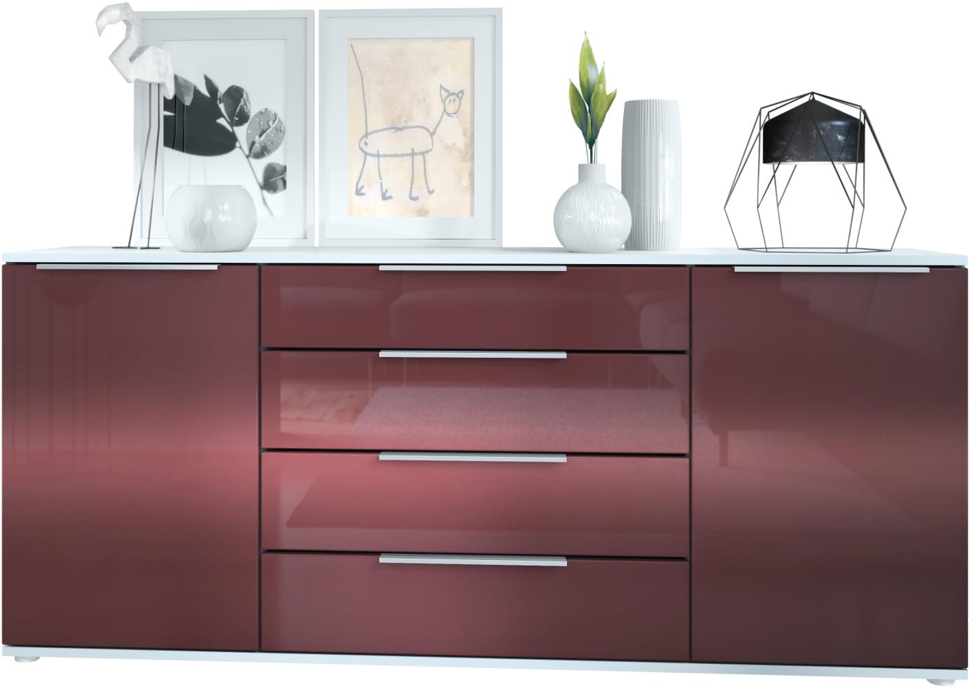 Vladon Sideboard Linio V2 166,5 x 72,5 x 35 cm Anrichte mit 2 Türen und 4 Schubladen, Korpus in Weiß matt, Fronten in Bordeaux Hochglanz Bild 1