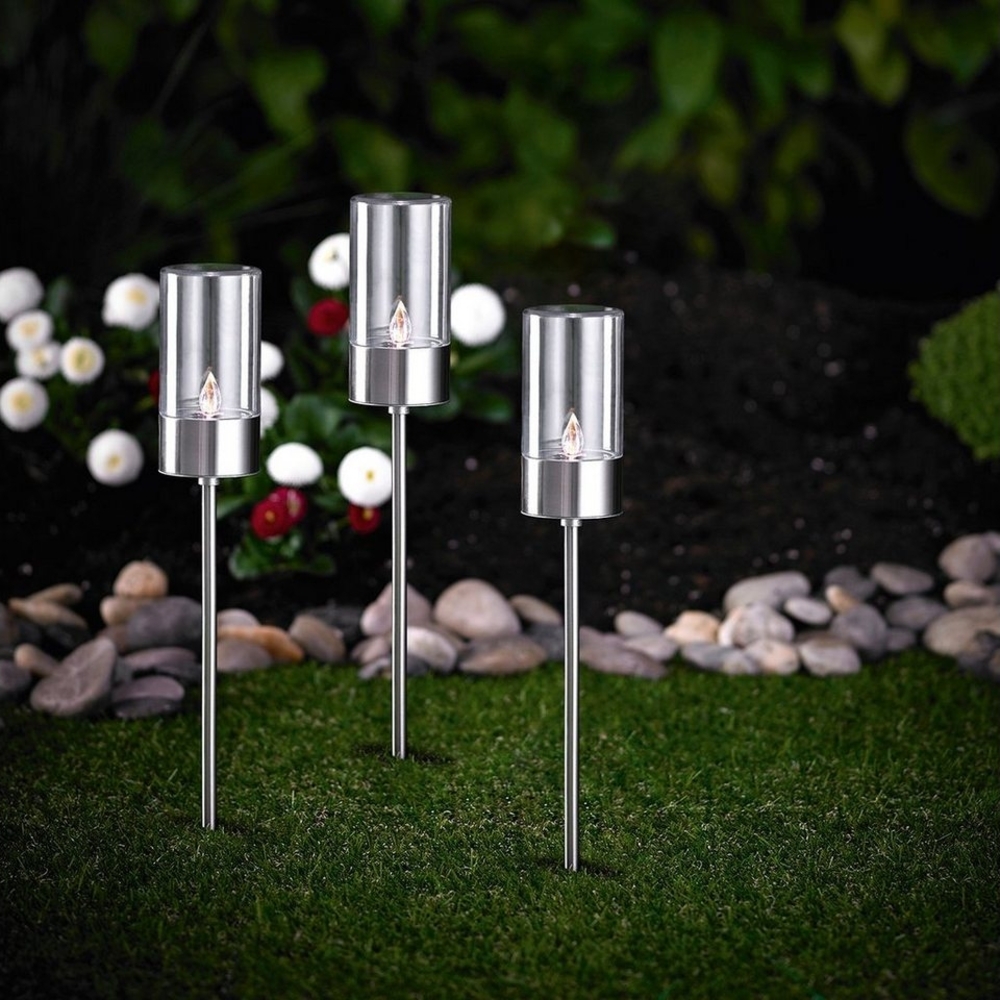 MeLiTec LED Solarleuchte Edelstahl Solarfackel, SO37, LED fest integriert, warmweiß, 3er Set, Zylinderform, aus Edelstahl Bild 1