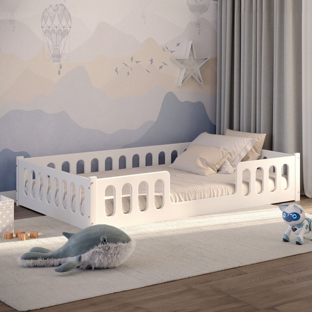 CADANI 2in1 Monte Bodenbett 120x200 cm Montessori Kinderbett weiß, Rausfallschutz abnehmbar, 42 kg schwer, bis 200 kg belastbar, extra starker Roll-Lattenrost, umbaubar Bild 1