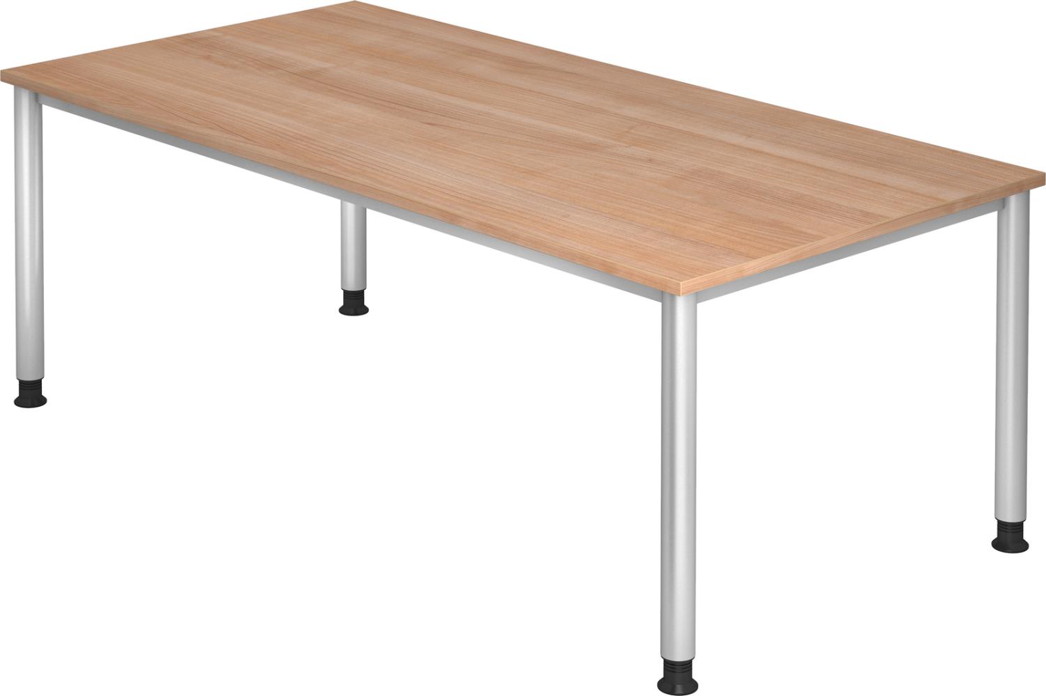 bümö höhenverstellbarer Schreibtisch H-Serie 200x100 cm in Nussbaum, Gestell in Silber - großer PC Tisch für's Büro manuell höhenverstellbar, Computertisch verstellbar, HS-2E-N Bild 1