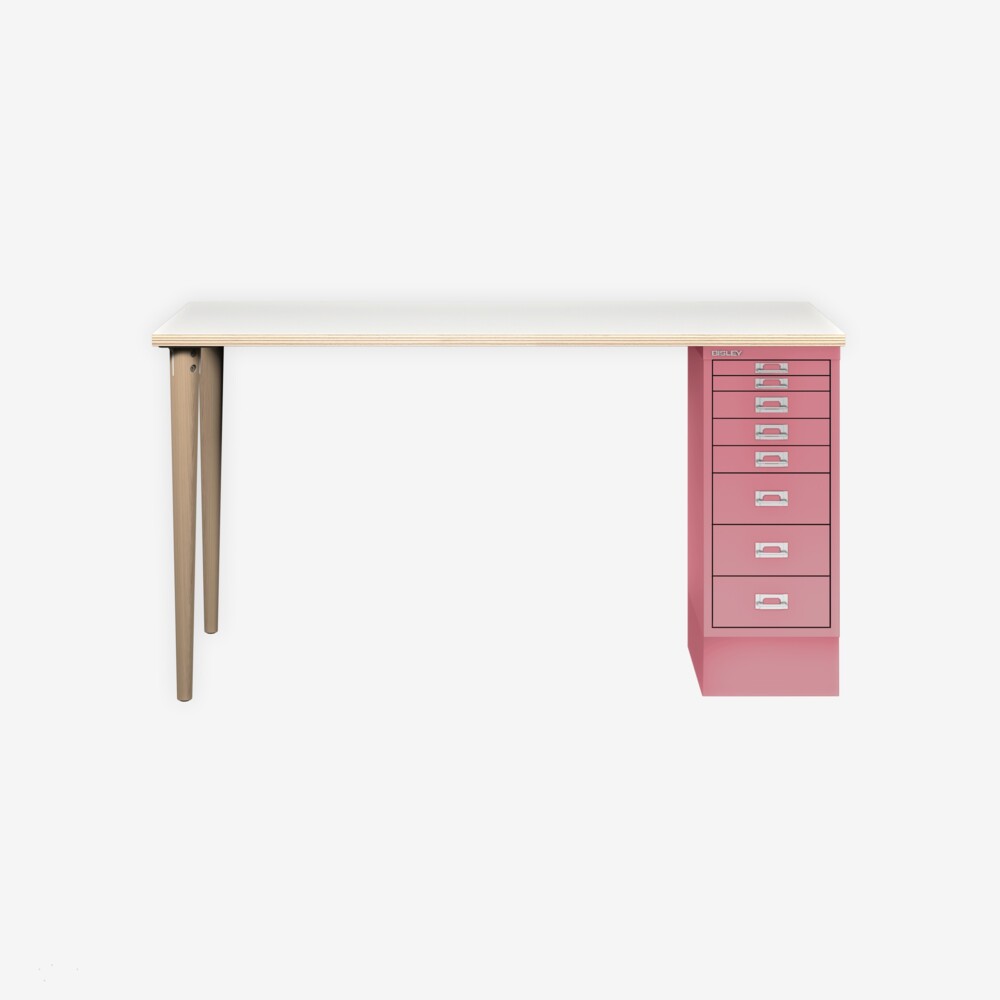 MultiDesk, 2 Eichenfüße, 1 MultiDrawer mit 8 Schüben, Dekor Plywood, Farbe Pink, Maße: H 740 x B 1400 x T 600 mm Bild 1