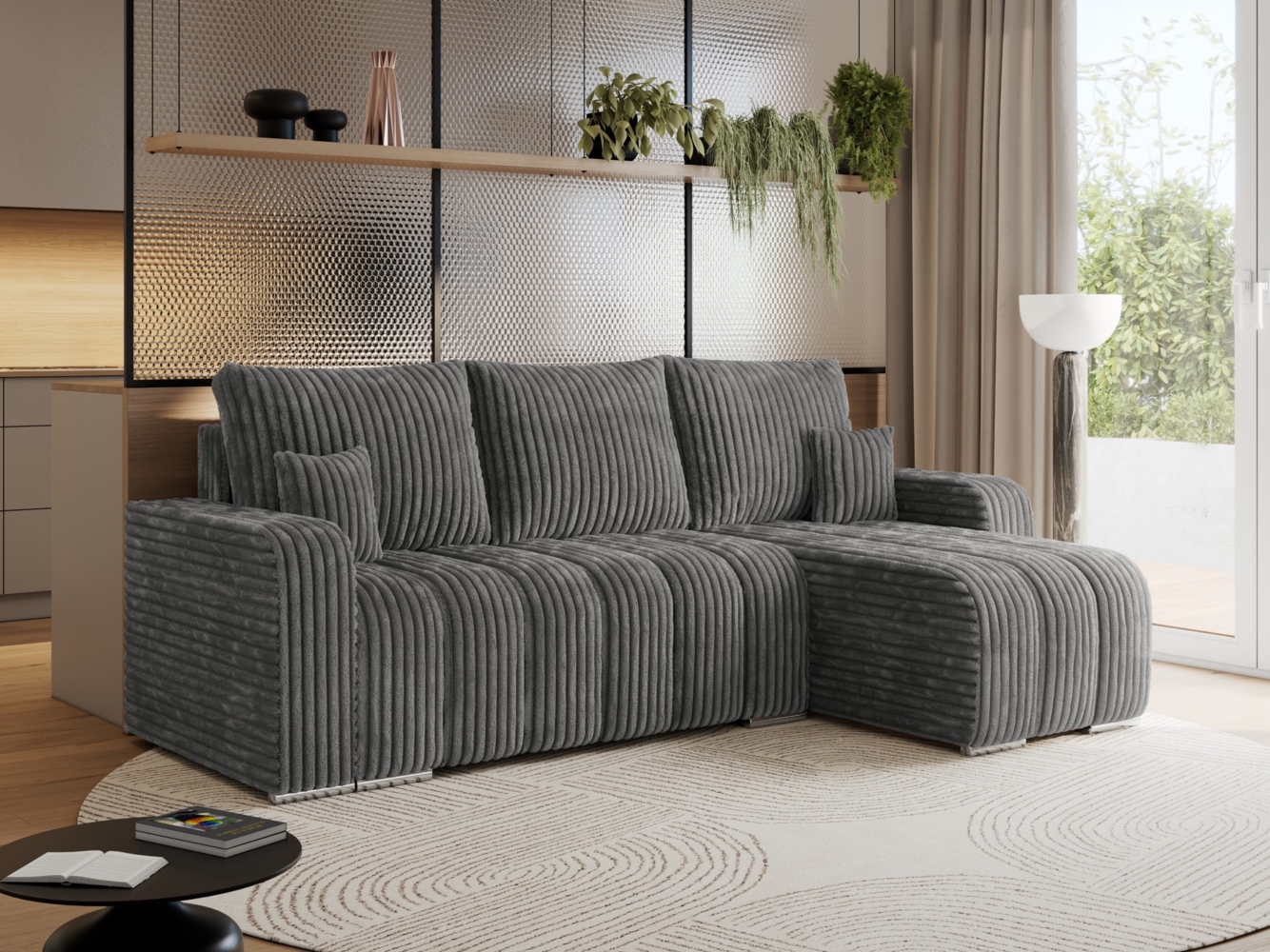 Universelles Ecksofa in Streifen genäht mit Schlaffunktion und Bettkasten, modern Stil - KIRASSO - Dunkelgrau Cord Bild 1