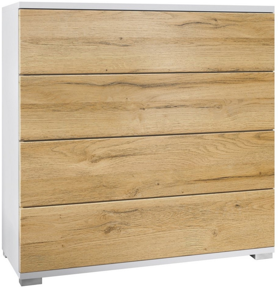 Vladon Kommode Pavos V3 (Sideboard, mit 4 Schubladen), Weiß matt/Eiche Natur (76 x 76 x 35 cm) Bild 1